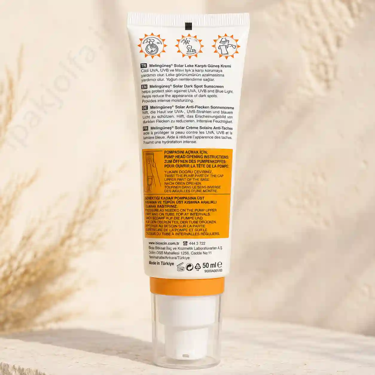 نمای پشت و مشخصات کرم ضدآفتاب بیوکسین ملاتون SPF50
