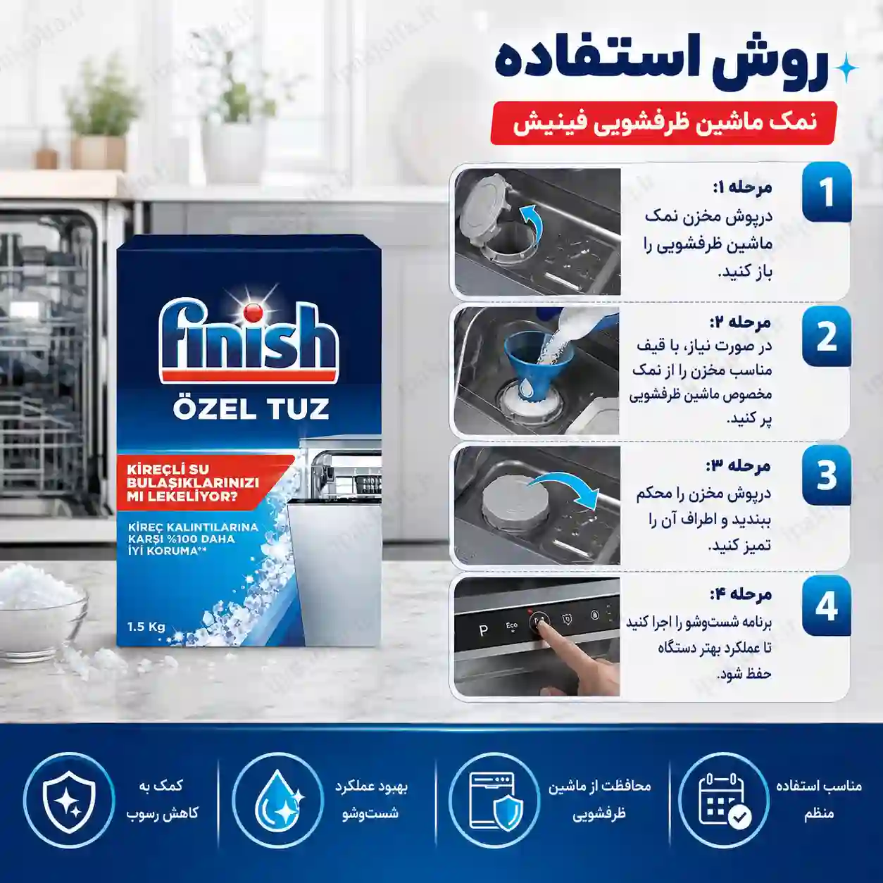 روش استفاده از نمک ماشین ظرفشویی فینیش