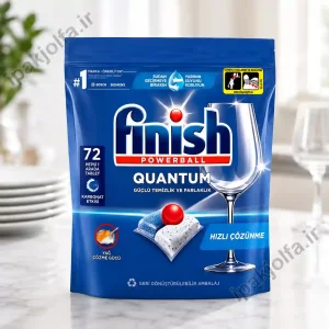 قرص ماشین ظرفشویی فینیش کوانتوم 72 عددی Finish Powerball Quantum با قدرت چربی‌زدایی و درخشندگی بالا