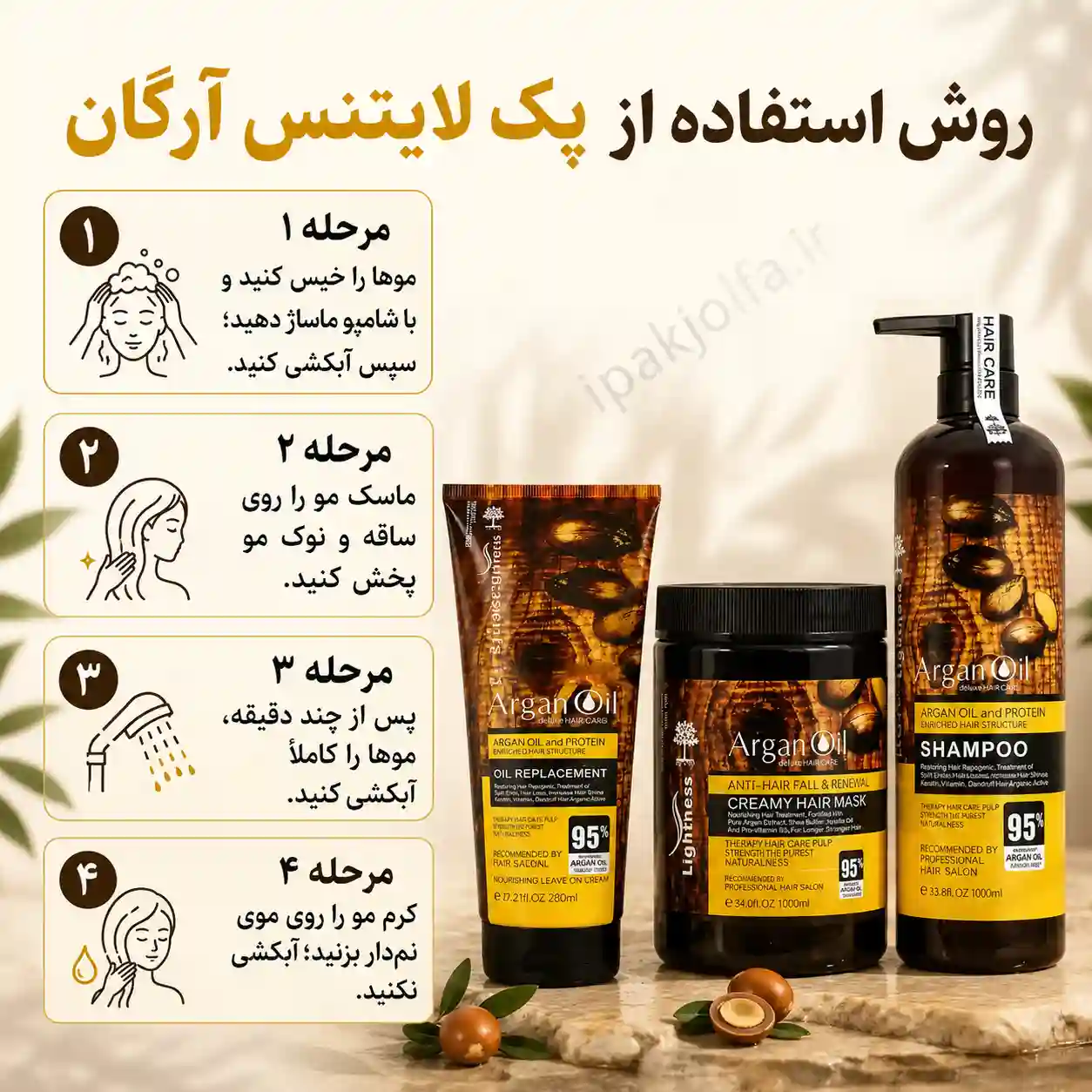 روش استفاده از شامپو ماسک و کرم مو آرگان لایتنس